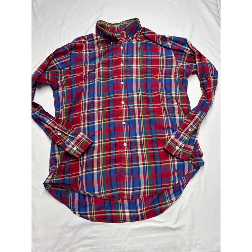 Ralph Lauren Classic Fit Plaid Button Down Shirt Mens Large Red Blue Cotton